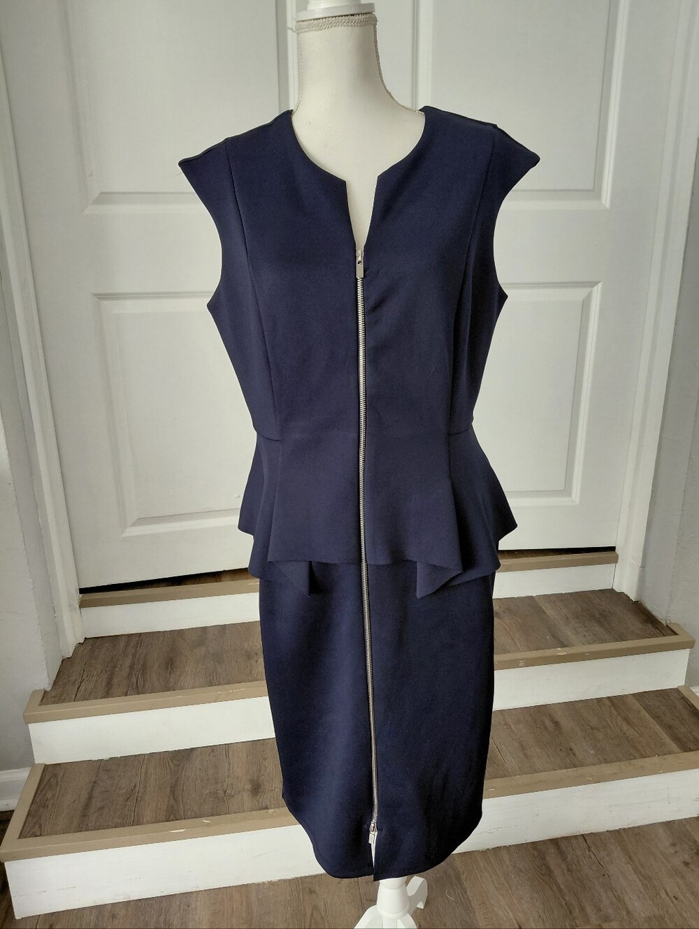 ENFOCUS STUDIO Women's Sleeveless Navy Zip-Front Peplum Style Dress Sz:14/L EUC